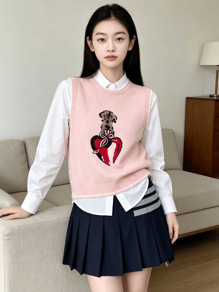 Thom Browne Style Pink Dog and Heart Knit Sweater Vest