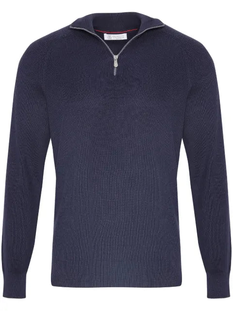 Brunello Cucinelli cotton English rib sweater with half zip and raglan sleeves