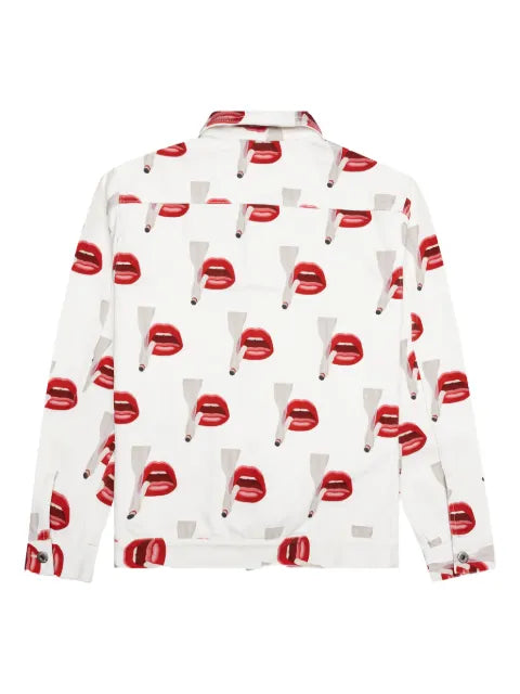 Emotionally Unavailable smoking lips print denim jacket