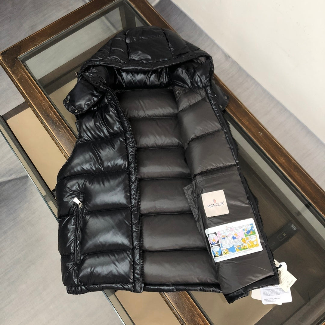 Moncler Hooded Puffer Vest in Black with Glossy Finish
