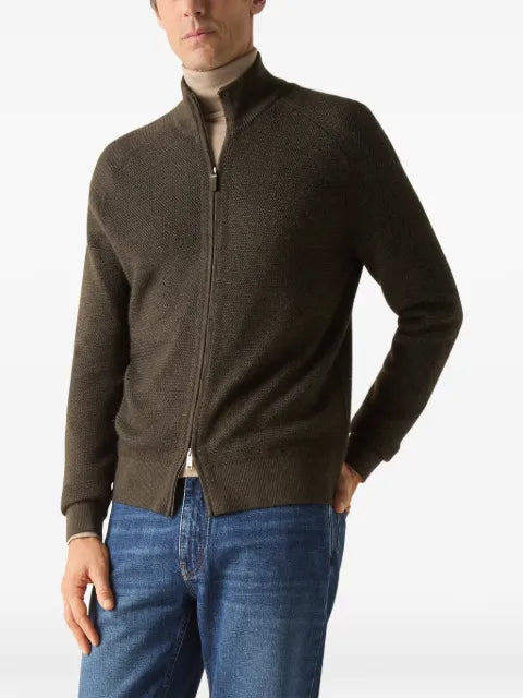 Zegna dark olive green and dark grey cashseta full zip cardigan