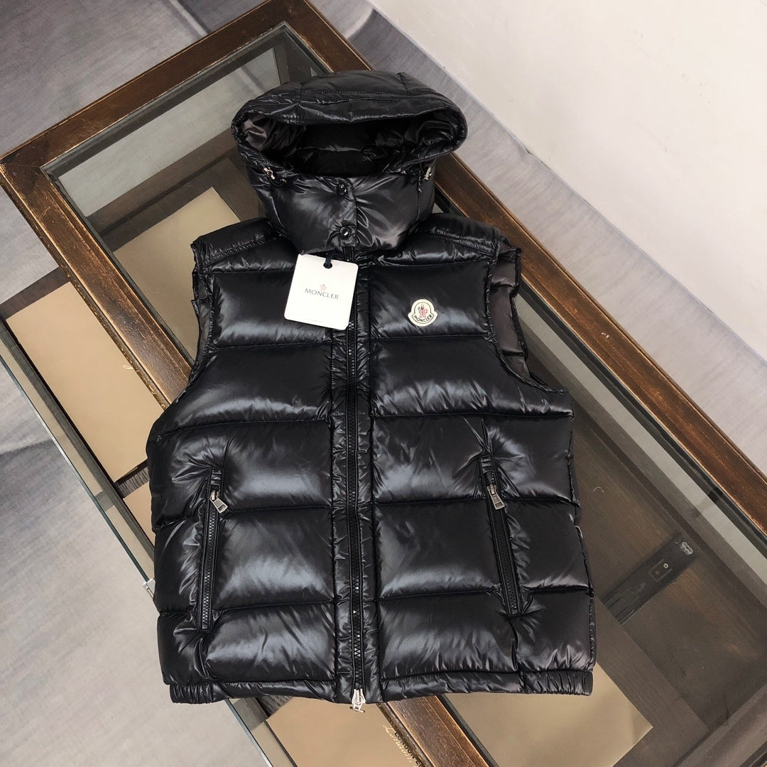 Moncler Hooded Puffer Vest in Black with Glossy Finish