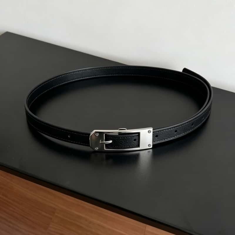 Litchi Grain Leather Belt Irregular Metal Buckle Minimalist Waist Belt
