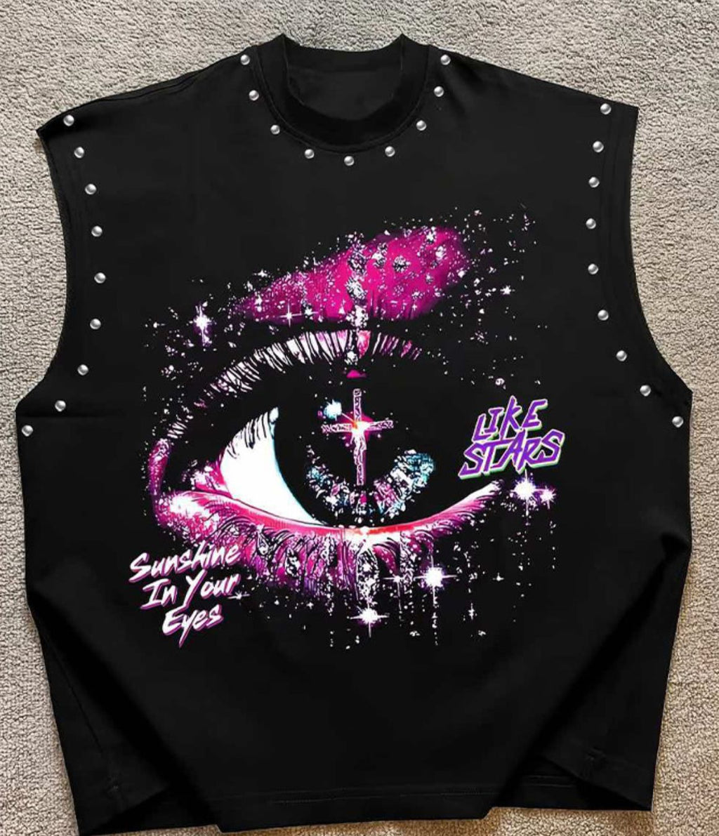 Vintage Retro Graphic Rivet Cut‑Off Sleeveless Tank Top Multi‑Style