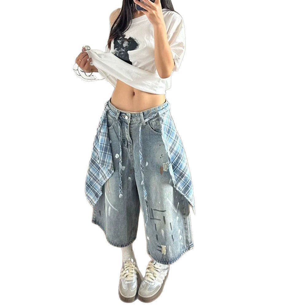 American Retro Plaid Shirt Tail Capri Denim Shorts High Waist Straight