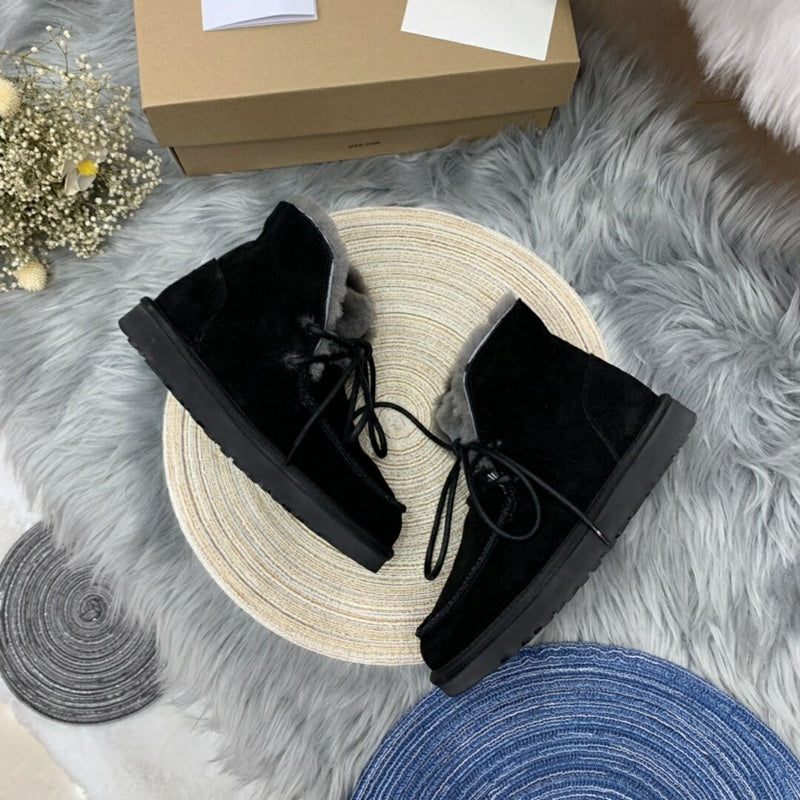 Black Fluffy Cuff Lace-Up Ankle Boots — New Arrival | In Stock