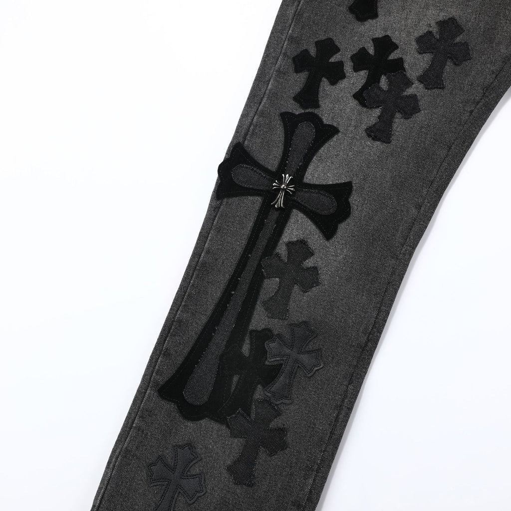 Chrome Hearts Black & Grey Silver Cross Patch Jeans