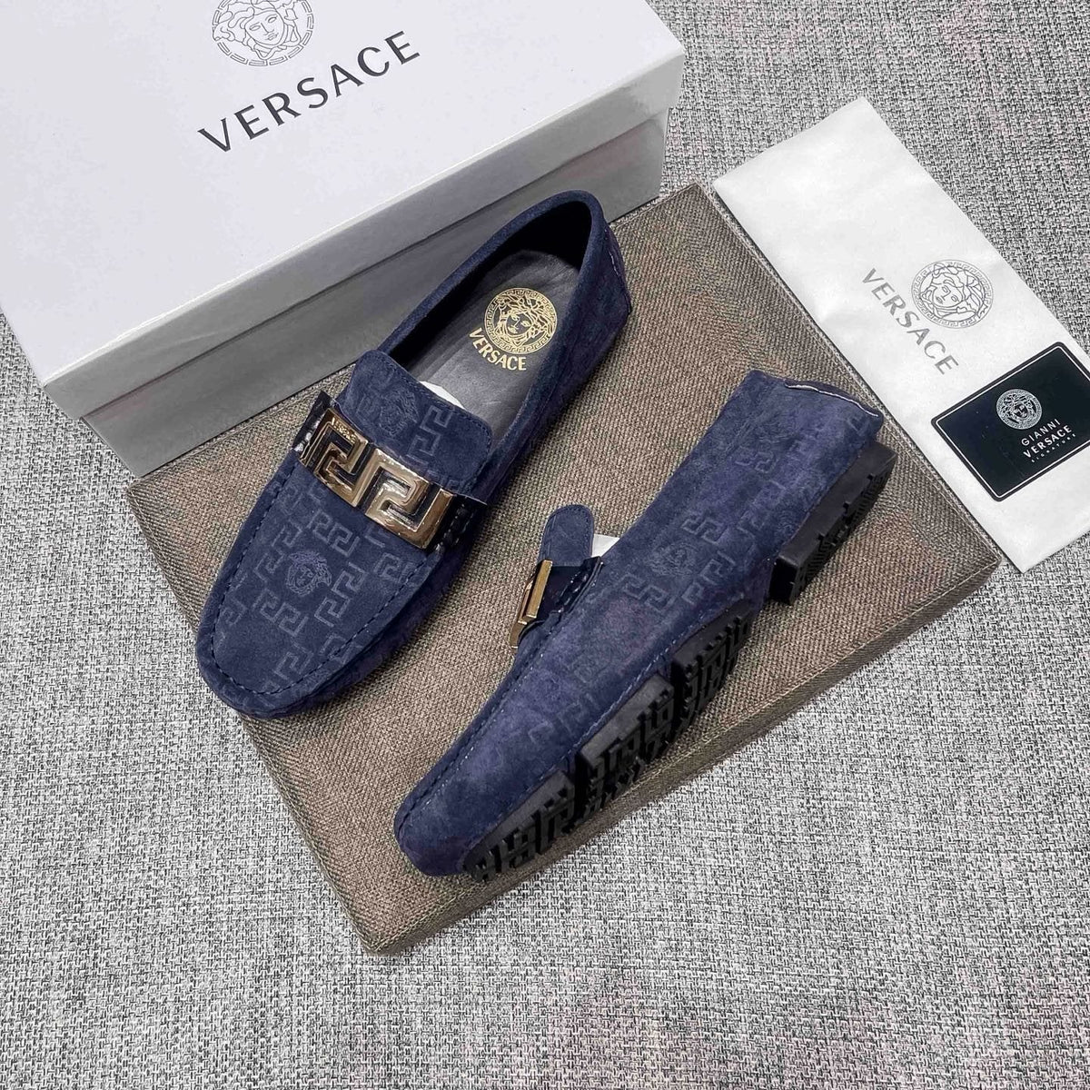 Versace Men's Navy Blue Patterned Loafers