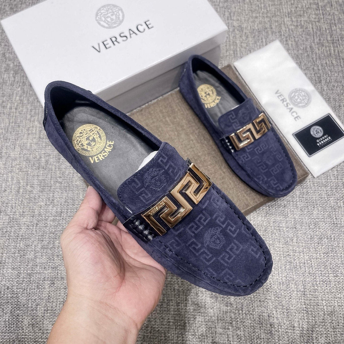 Versace Men's Navy Blue Patterned Loafers