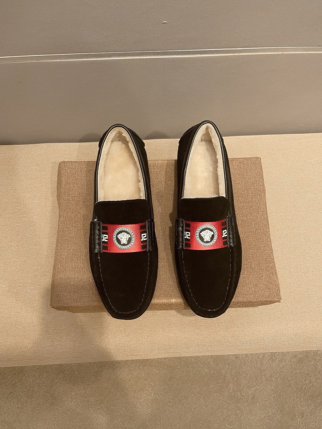 Versace Men's Black Red Accent Slip-On Loafers