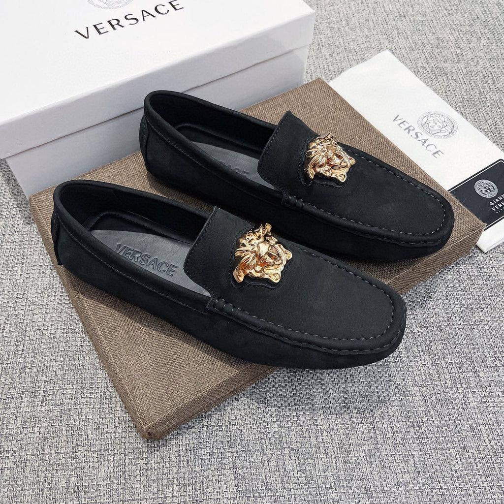 Versace Men's Black Gold-Tone Hardware Loafers - Contrast Stitching