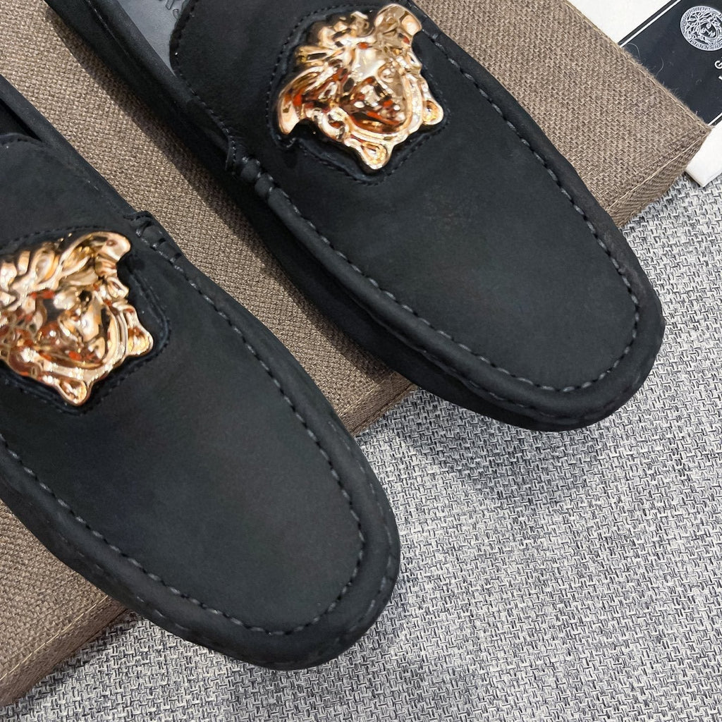 Versace Men's Black Gold-Tone Hardware Loafers - Contrast Stitching