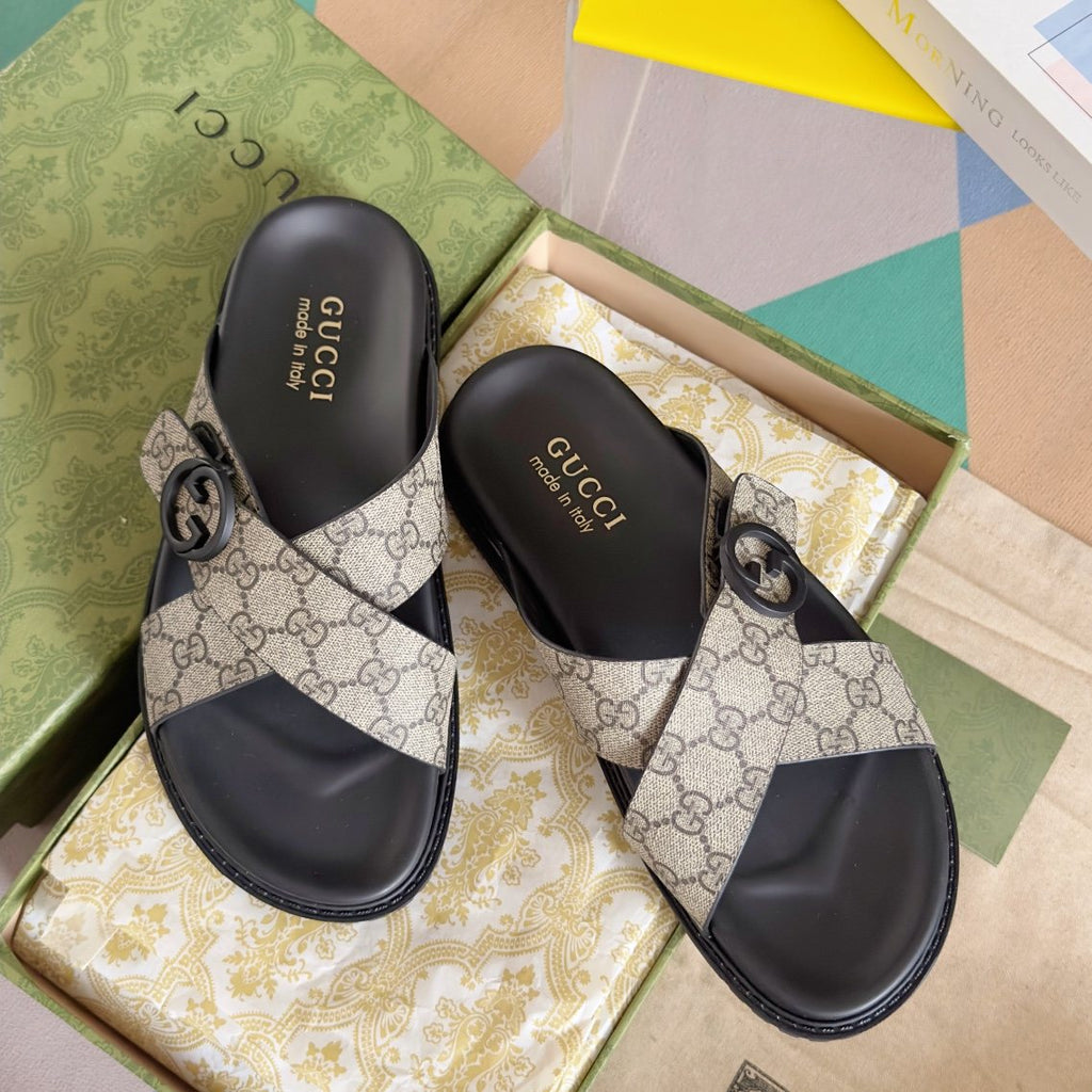 Gucci Beige Monogram Crossover Slide Sandals