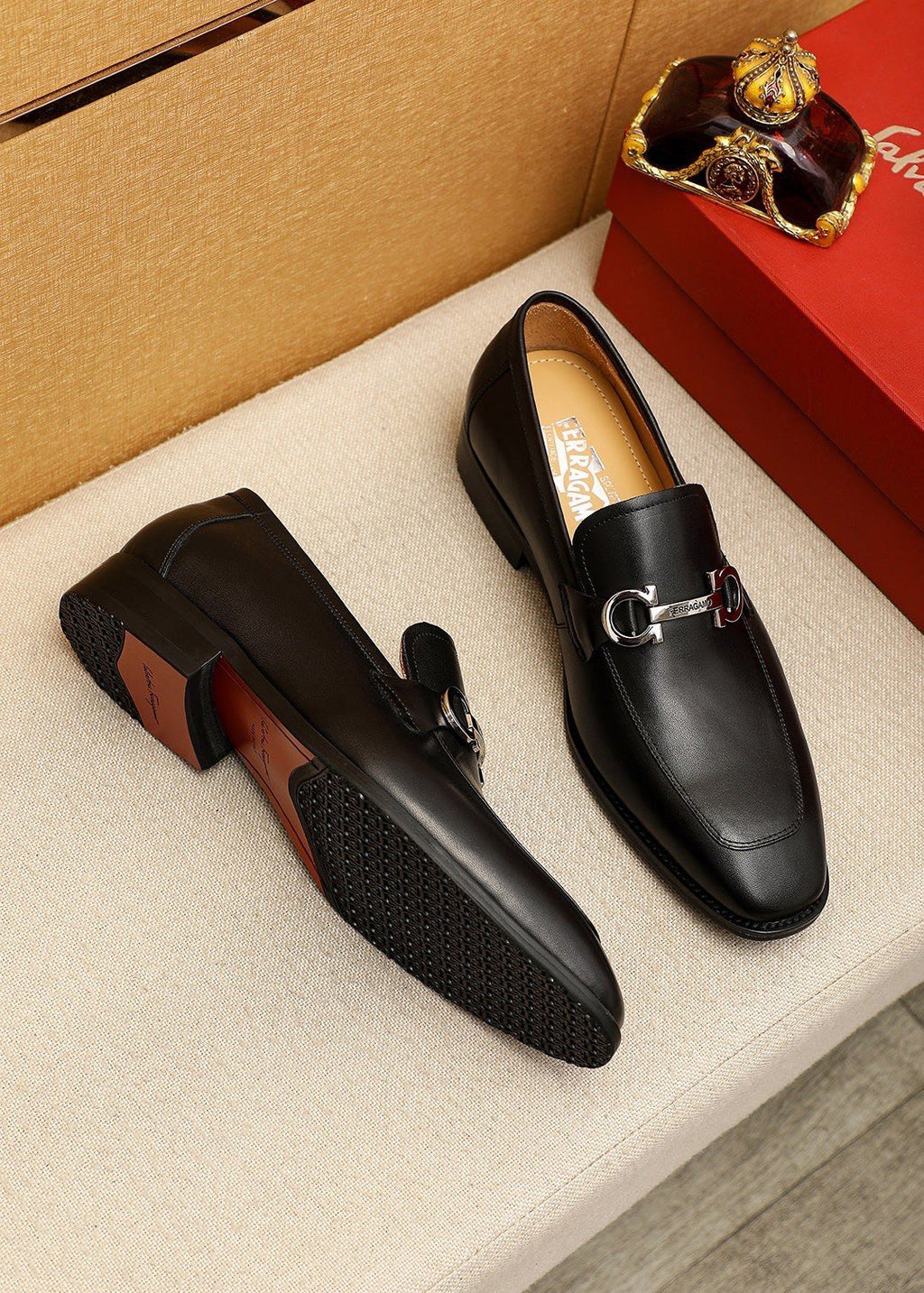 Ferragamo Black Leather Bit Loafers - Almond Toe