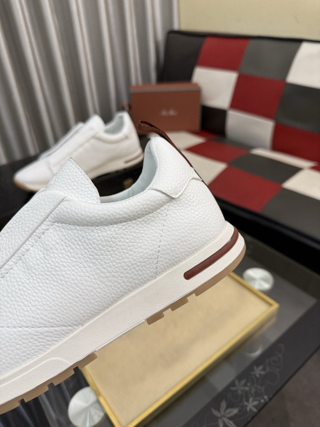 Men's White Slip-On Sneakers with Gray Bands