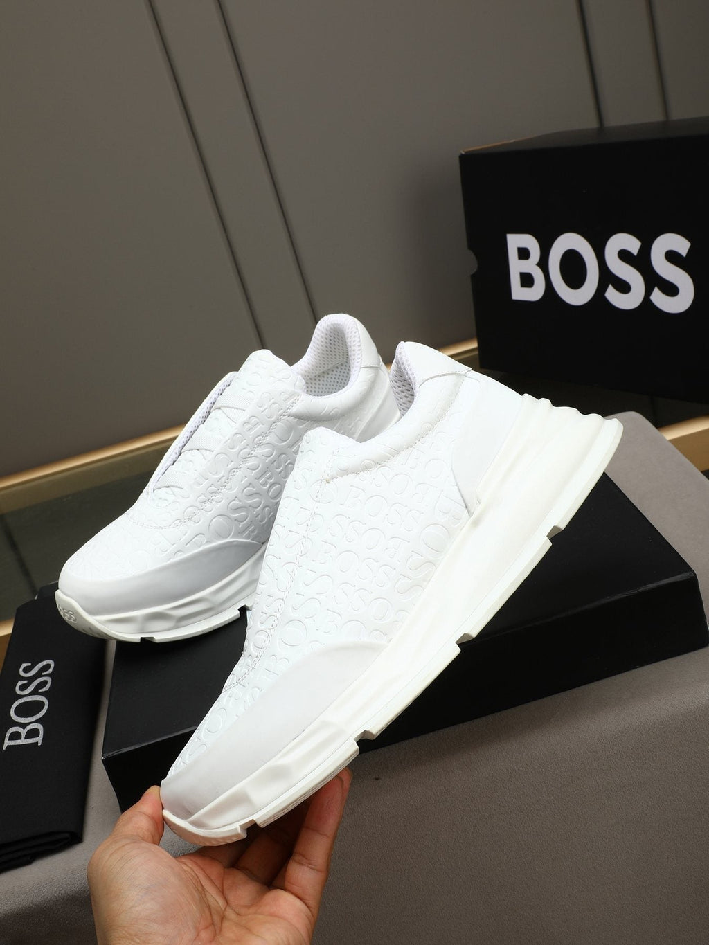 BOSS White Embossed Low-Top Sneakers