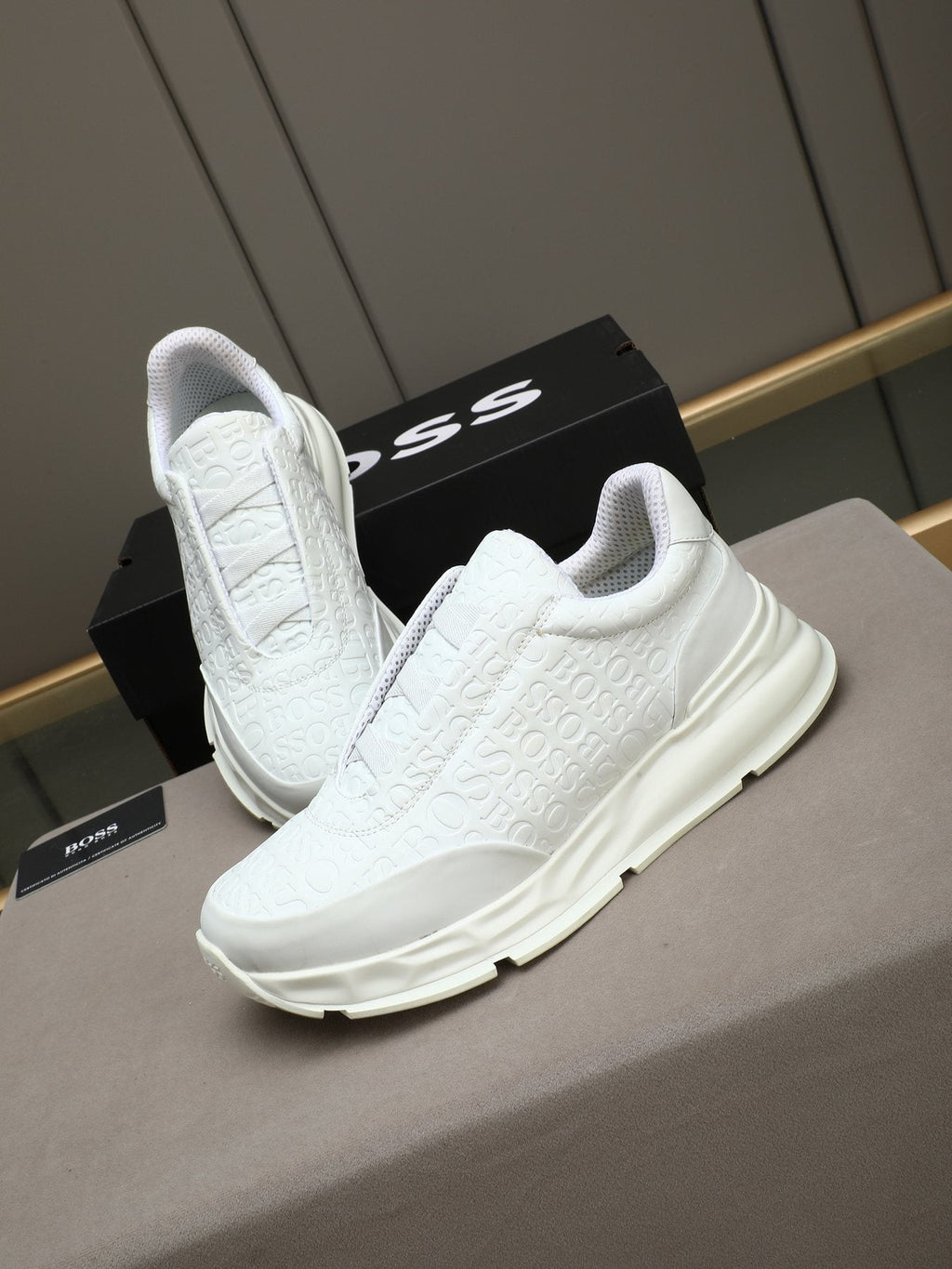 BOSS White Embossed Low-Top Sneakers