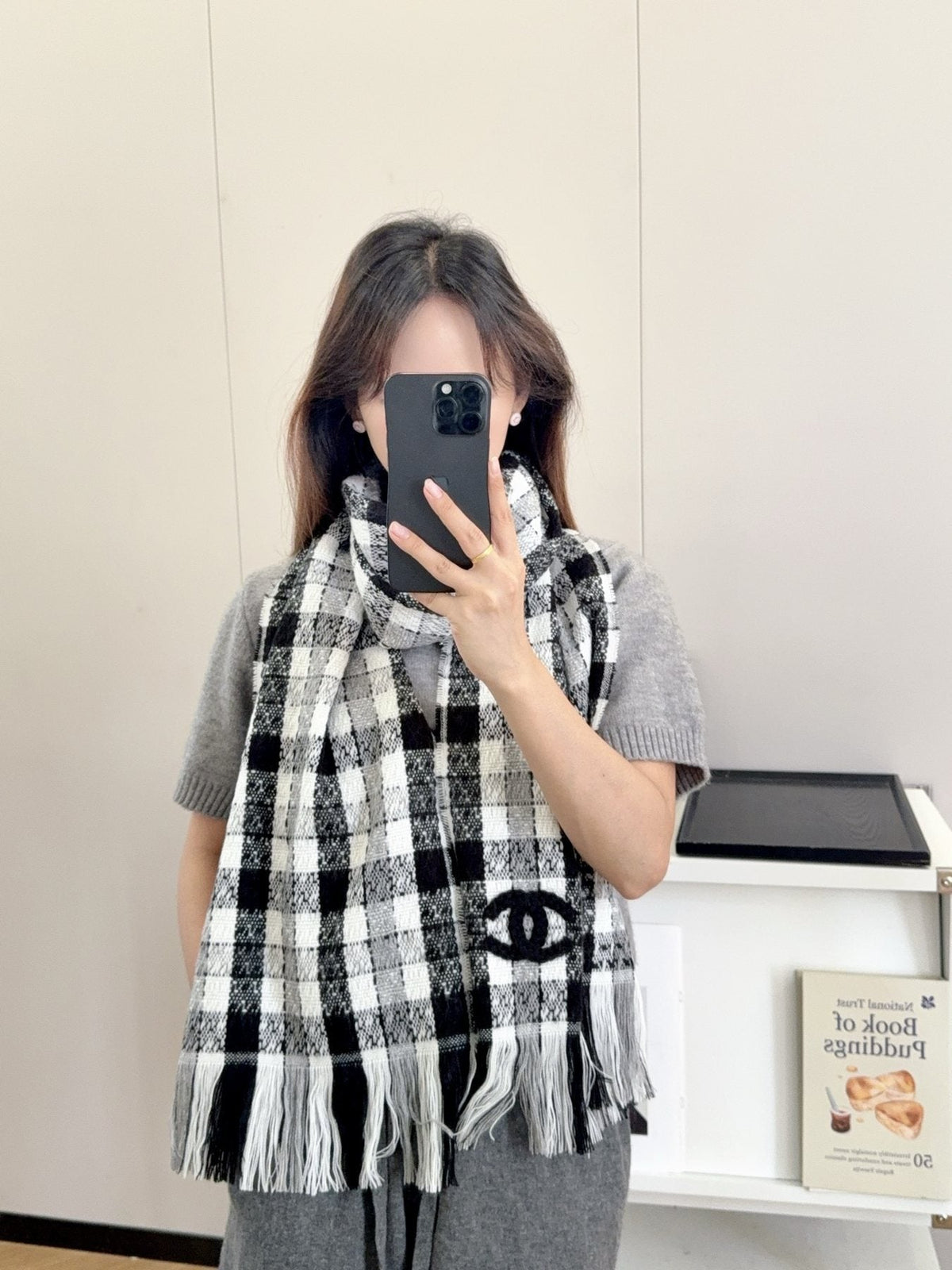 Chanel Checked Fringe Scarf