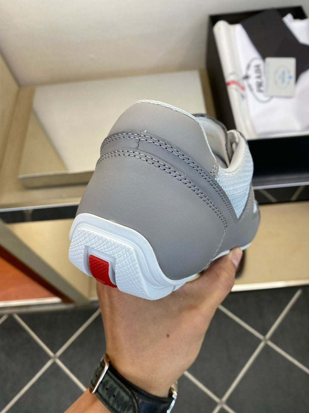 Prada Men's Gray and White Low-Top Sneakers