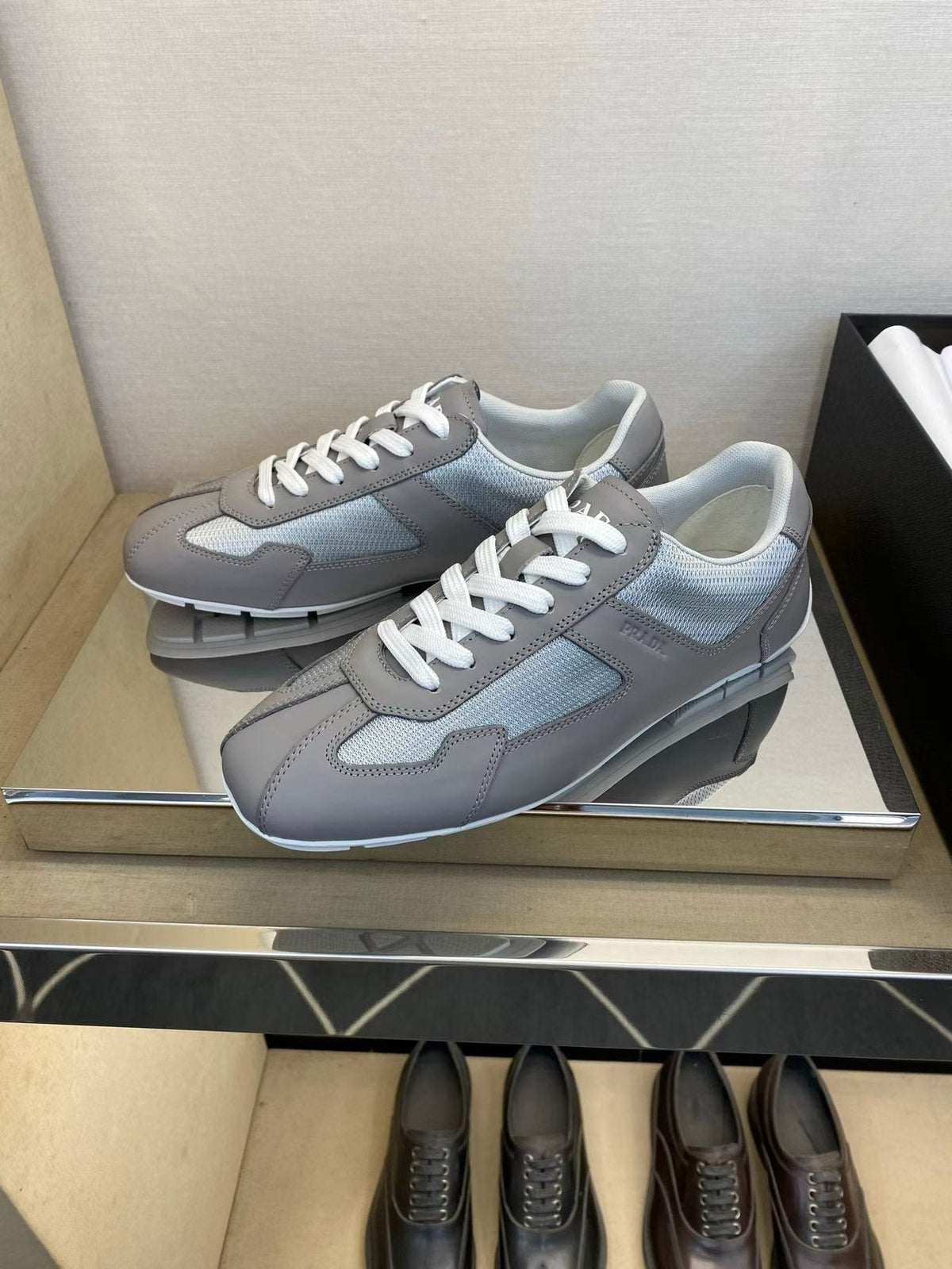 Prada Men's Gray and White Low-Top Sneakers