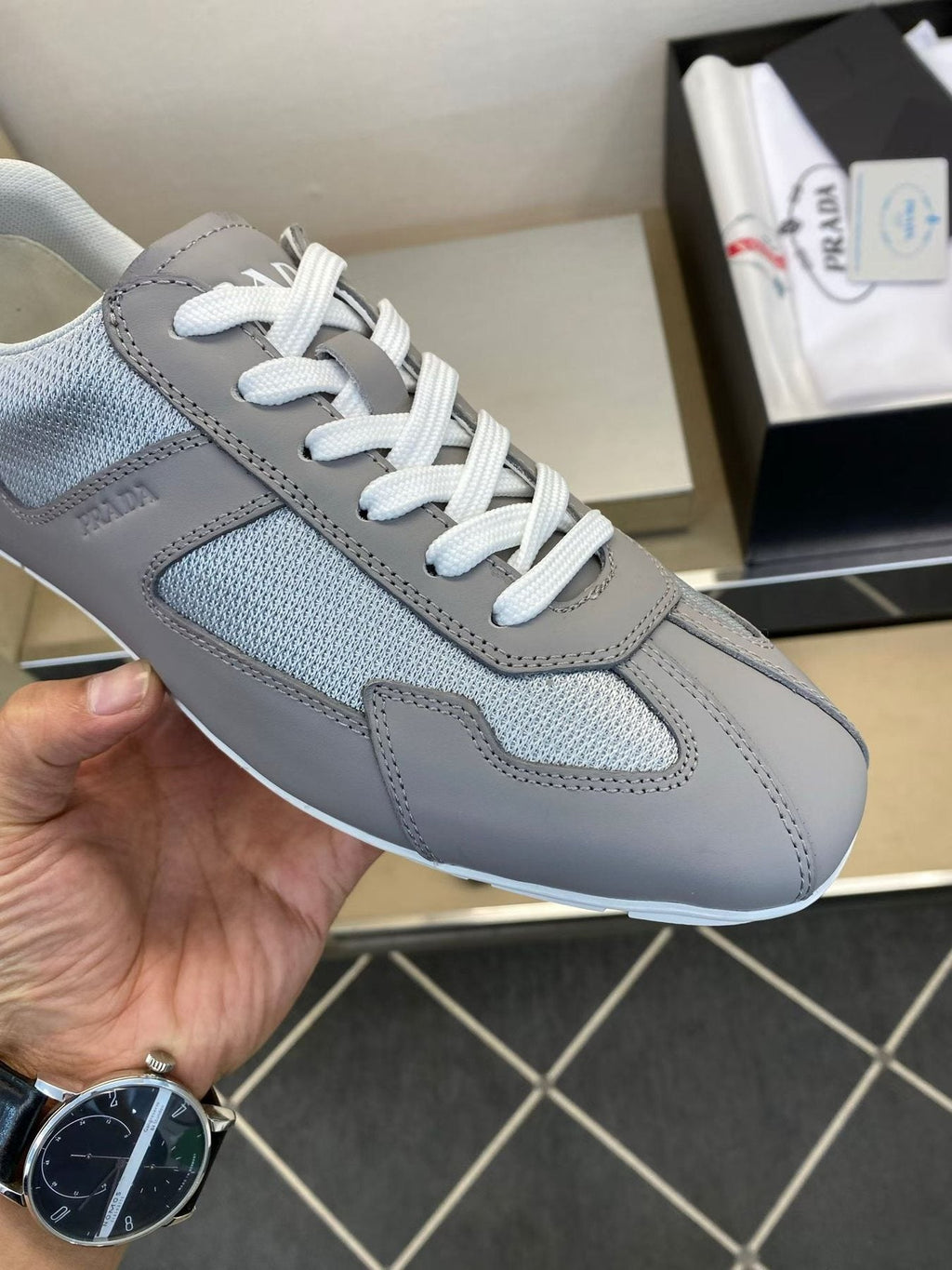 Prada Men's Gray and White Low-Top Sneakers