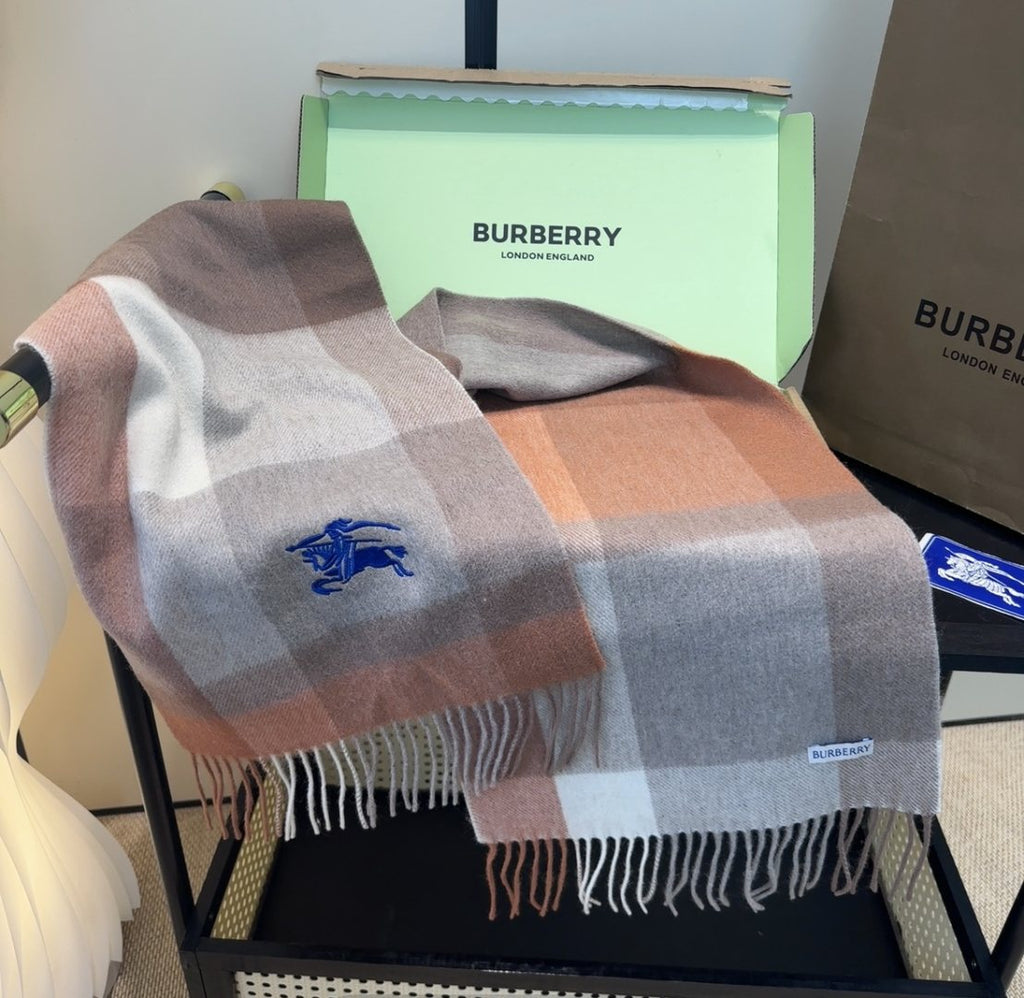 Burberry Taupe Plaid Fringed Scarf