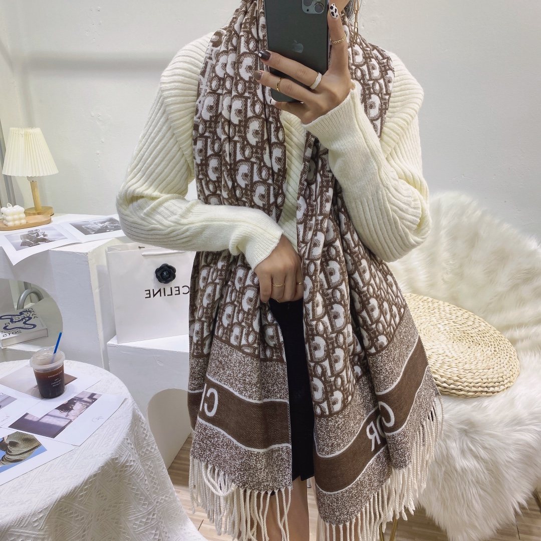Dior Brown & Ivory Fringed Scarf