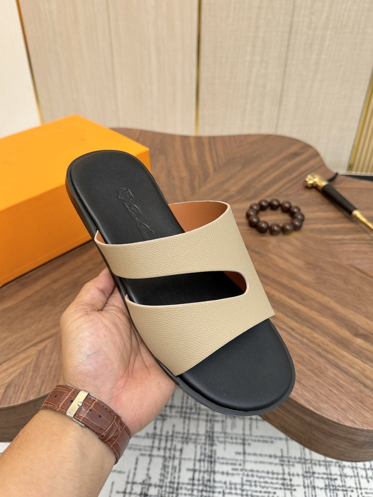 Loro Piana Cream and Black Slide Sandals