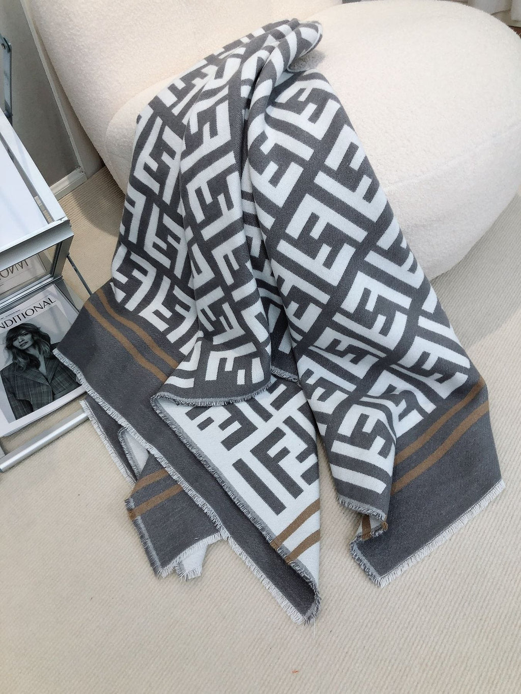 Fendi Geometric Monogram Fringe Shawl