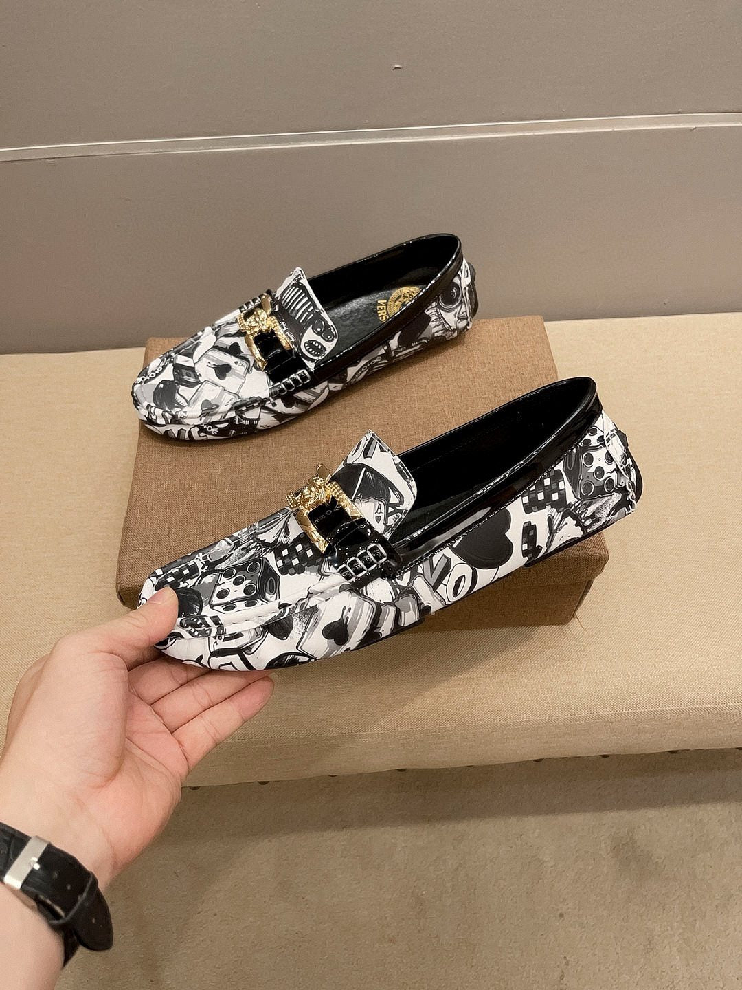 Versace Black & White Graphic Gold-Tone Loafers