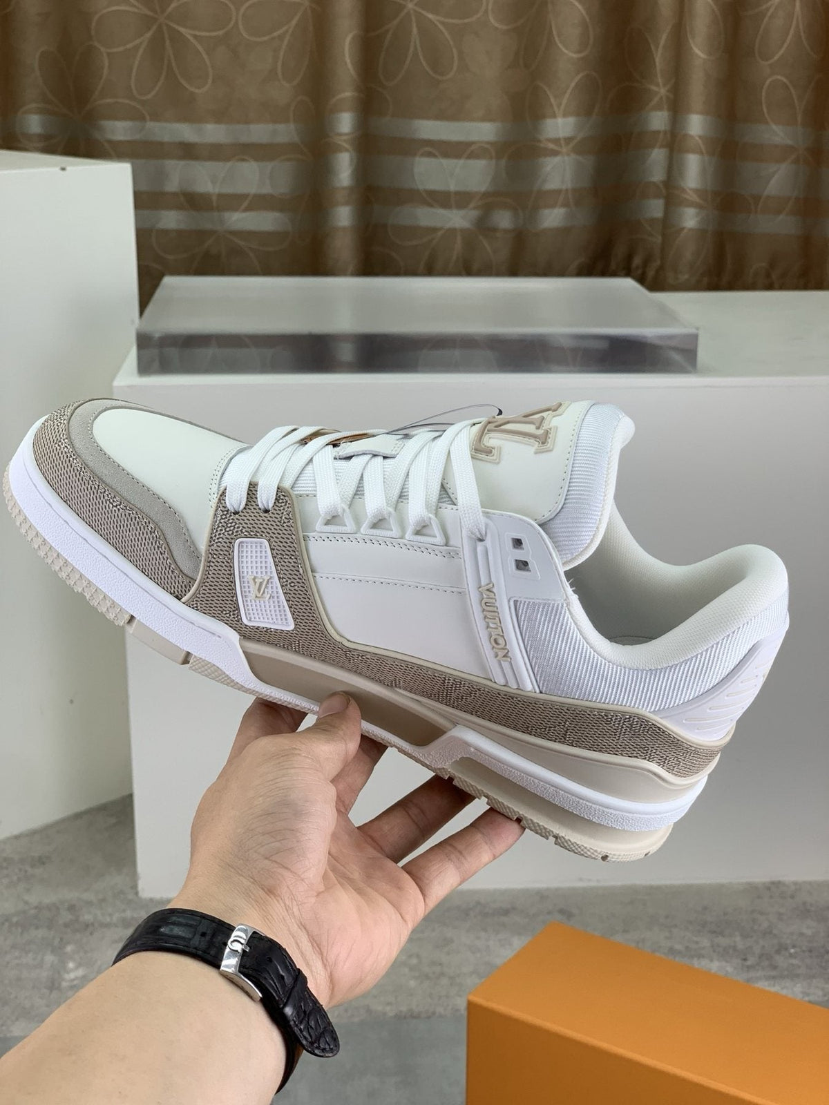 Louis Vuitton White and Beige Low-Top Sneakers