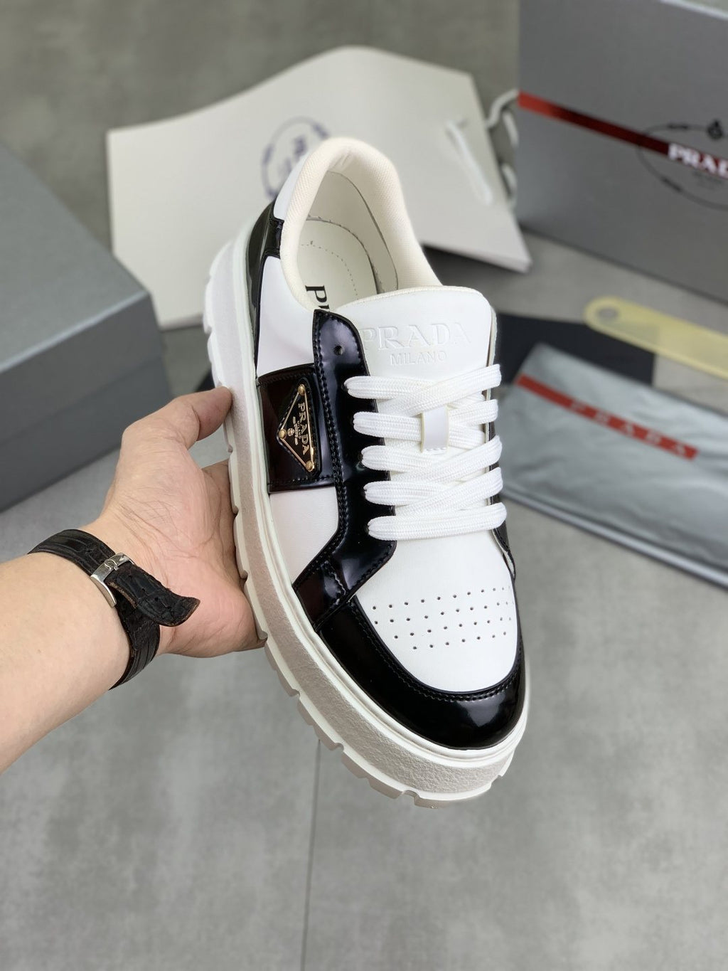 Prada Paneled Lug-Sole Low-Top Sneakers