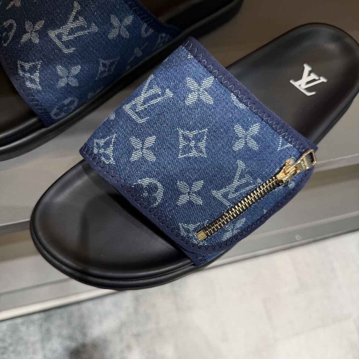 Louis Vuitton Blue Monogram Strap Slide Sandals