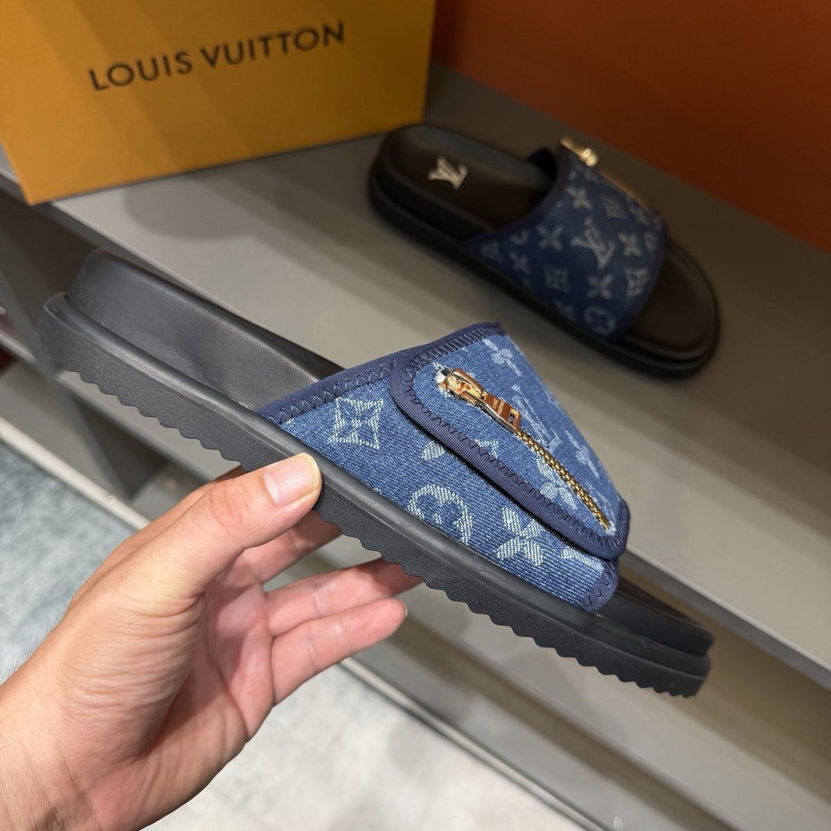 Louis Vuitton Blue Monogram Strap Slide Sandals