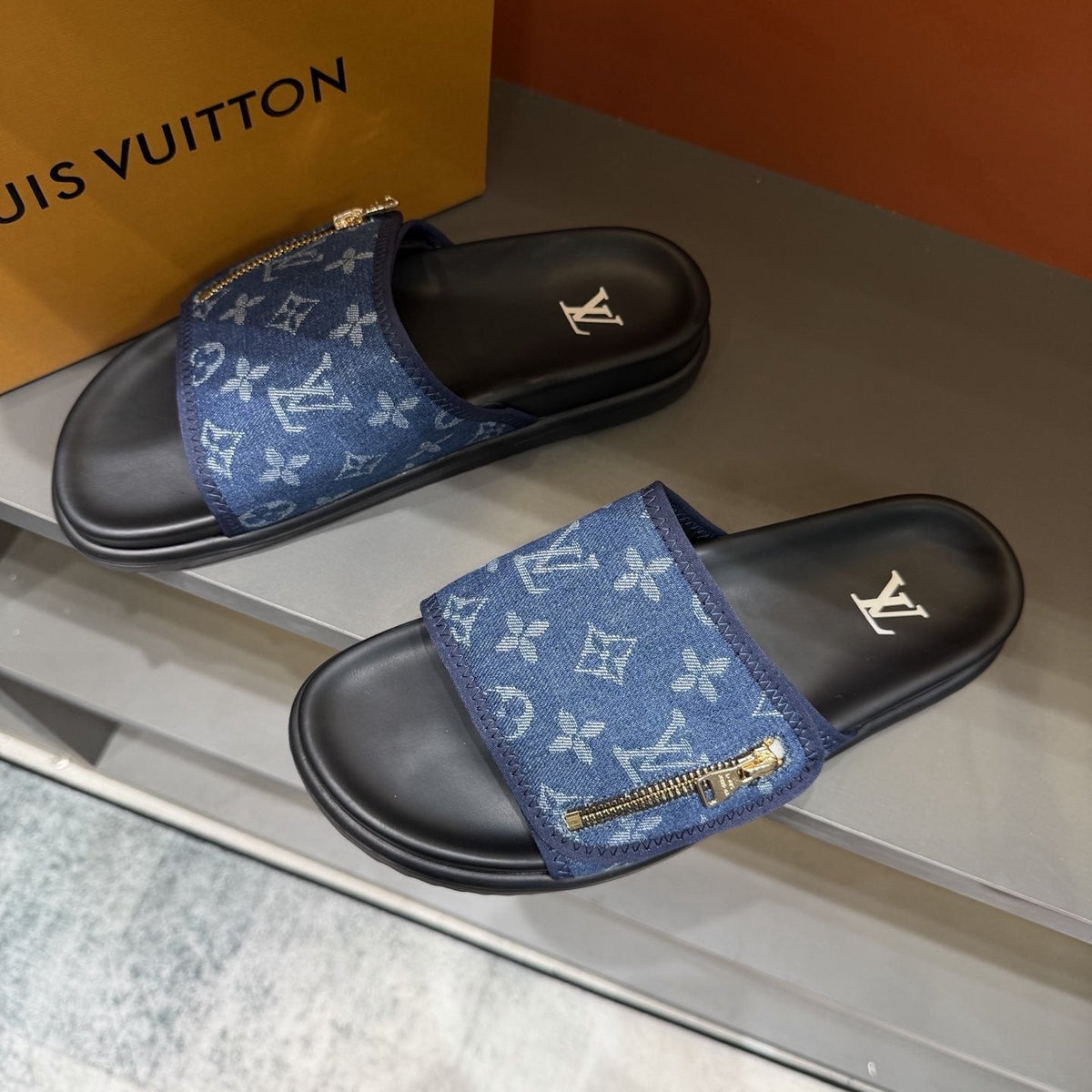 Louis Vuitton Blue Monogram Strap Slide Sandals