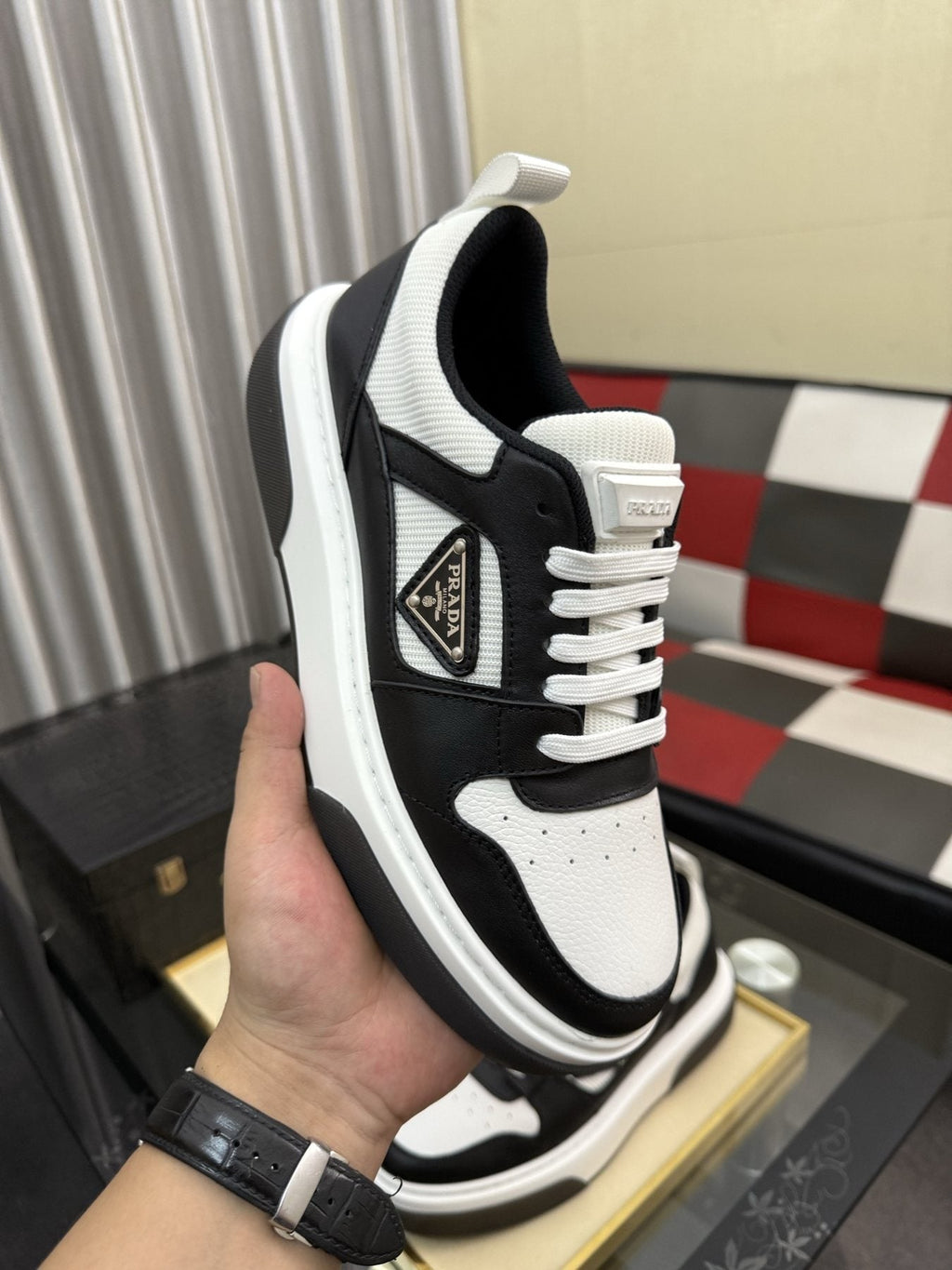 Prada Men's Triangle Plaque Low-Top Sneakers - Padded Collar, Triangular Side Plaque